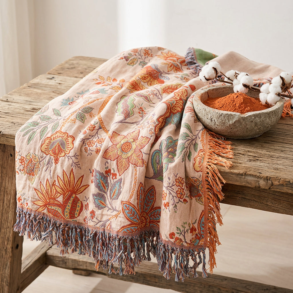 Plaid bohème en coton drapé sur un banc