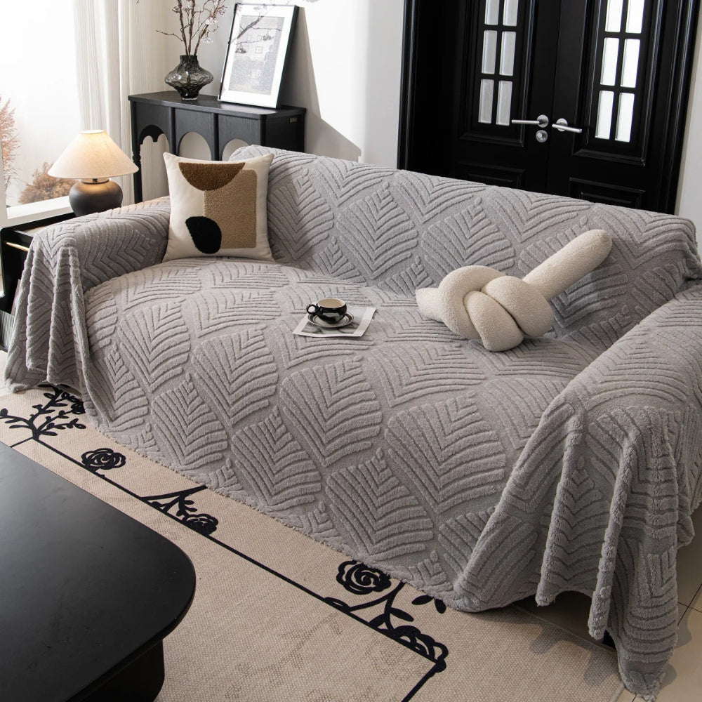 Sofaüberwurf Fleece Fischgrät Blattmotiv