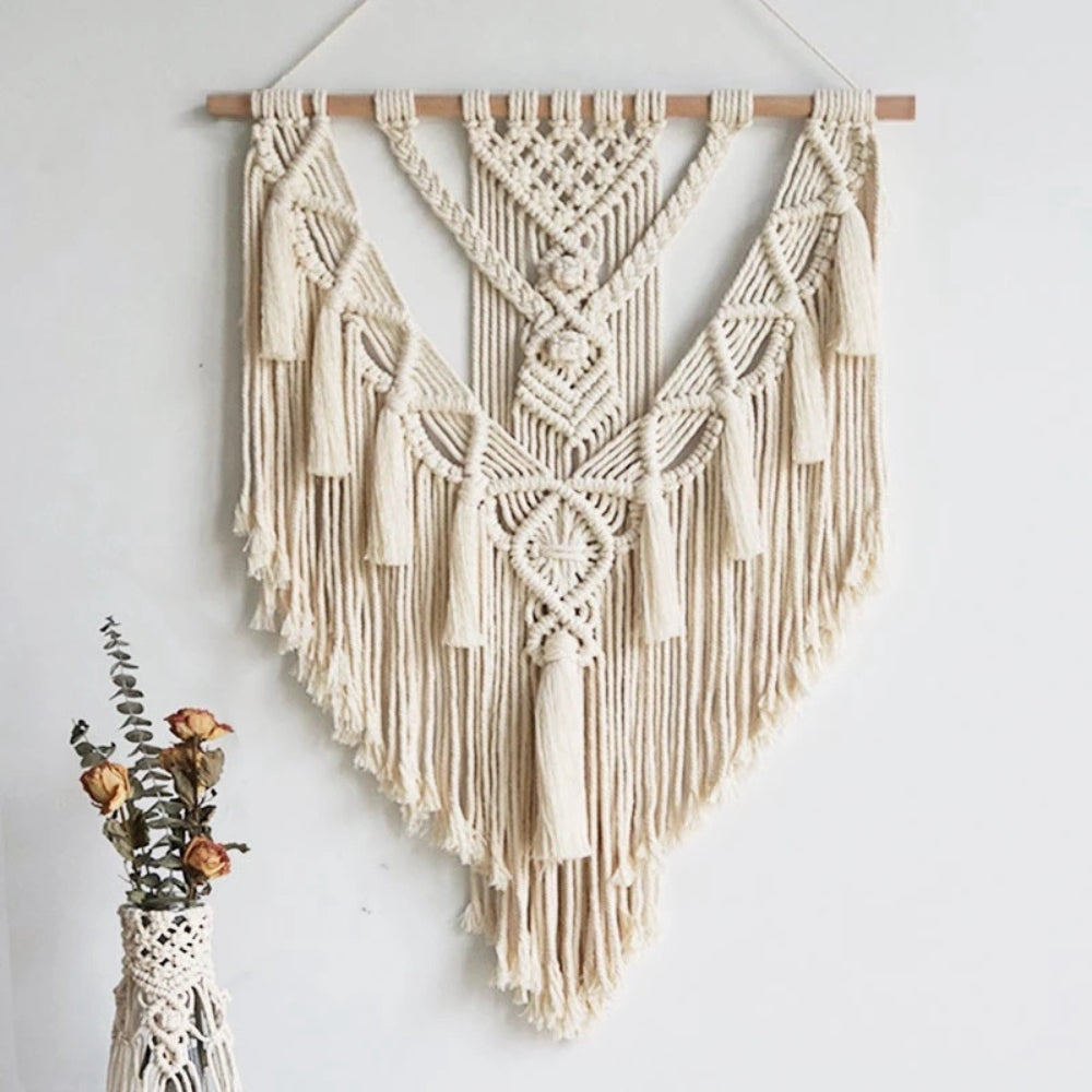 Tenture murale en macramé géométrique blanche