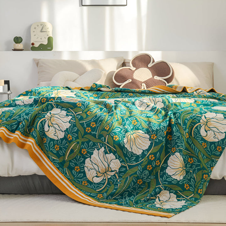 Baumwoll-Musselin-Tagesdecke mit grünen Blumen 200 x 230 cm