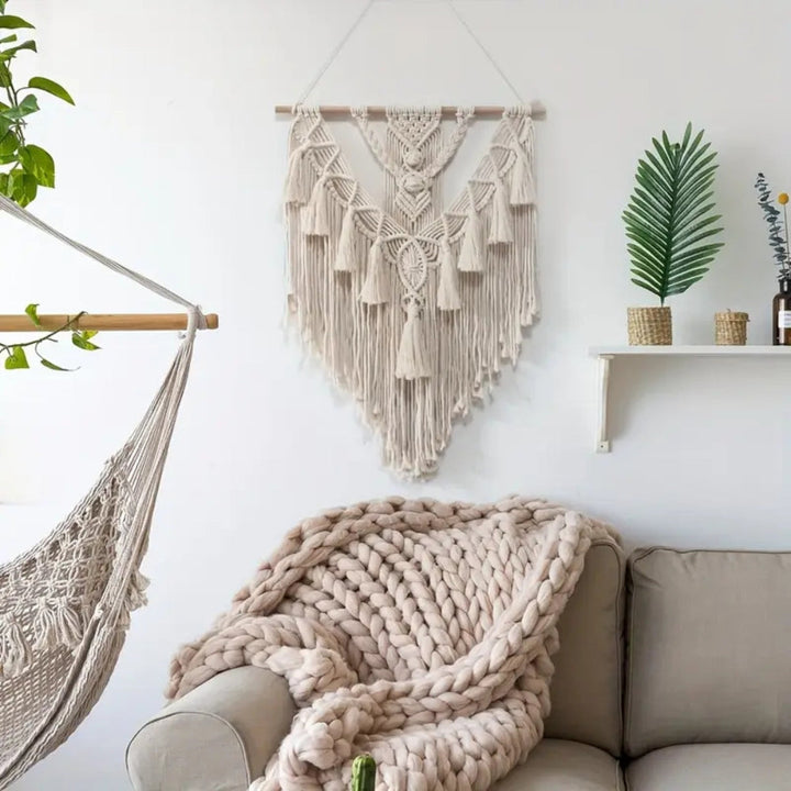 Tenture murale en macramé géométrique blanche