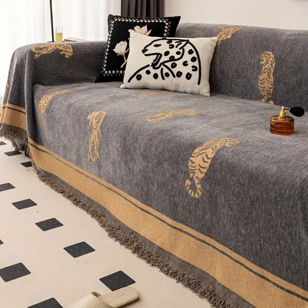 Jeté de canapé en chenille à tigre, réversible