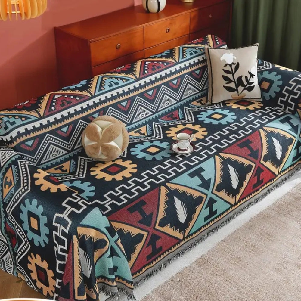 Sofaüberwurf Aztekenmuster mit Quasten