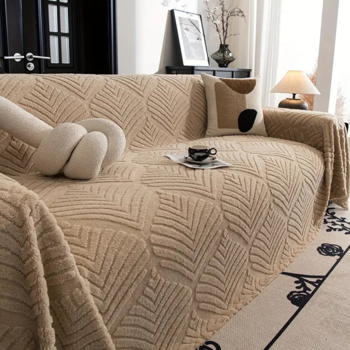 Sofaüberwurf Fleece Fischgrät Blattmotiv