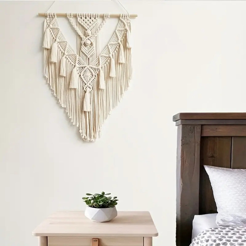 Tenture murale en macramé géométrique blanche