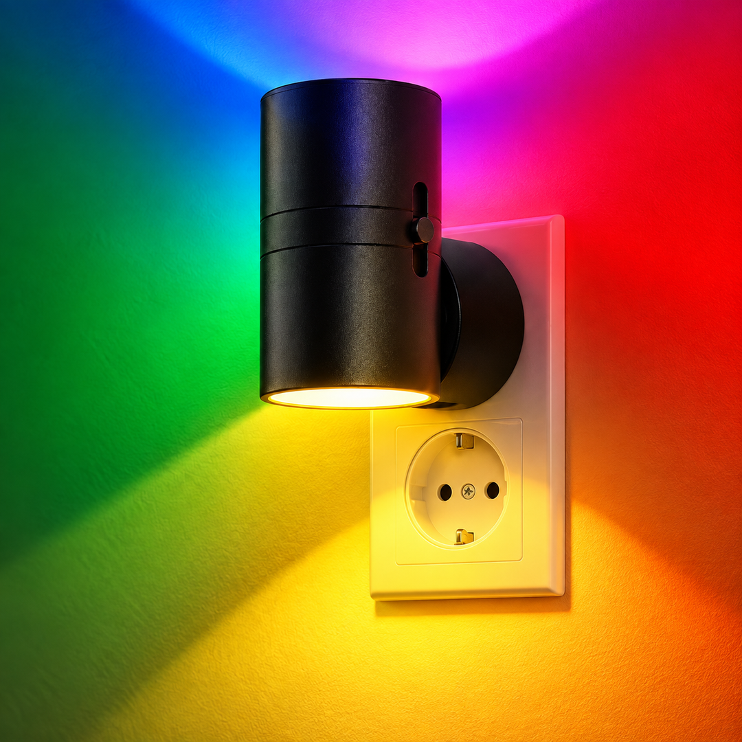 Schwarze Nachtleuchte in Steckdose mit Regenbogenlicht