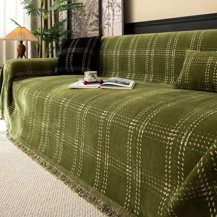 Sofaüberwurf Chenille Karo mit Quasten