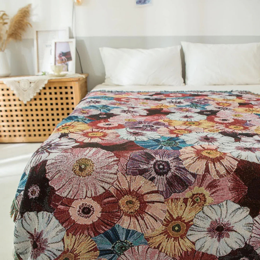 Wohndecke Vintage-Blüten gewebt mit Quasten 130x180 cm