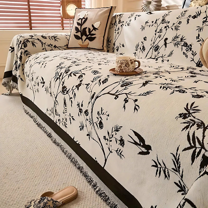 Sofaüberwurf Chenille Blütenmuster mit Quasten