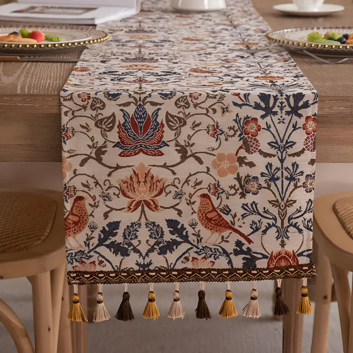 Jacquard-Tischläufer mit Blumen- und Vogelmotiv und Quasten