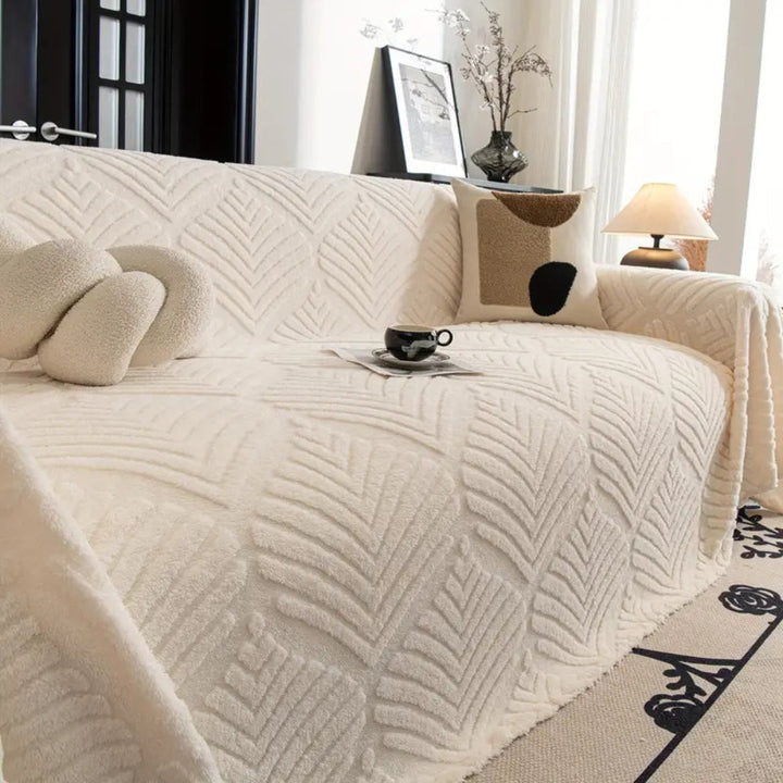 Sofaüberwurf Fleece Fischgrät Blattmotiv