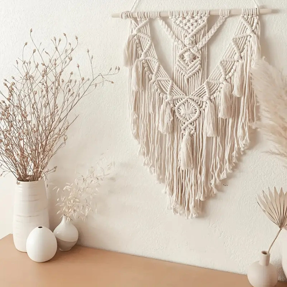 Tenture murale en macramé géométrique blanche