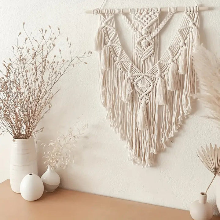 Tenture murale en macramé géométrique blanche