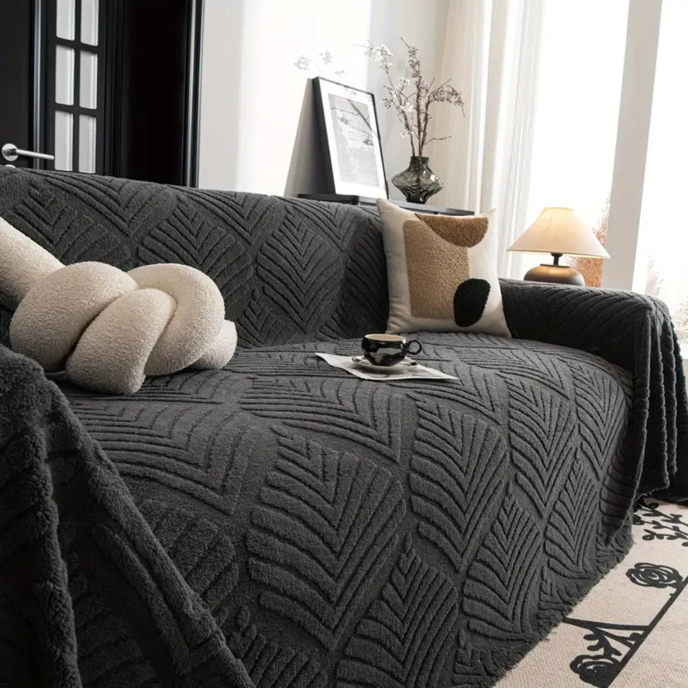 Sofaüberwurf Fleece Fischgrät Blattmotiv