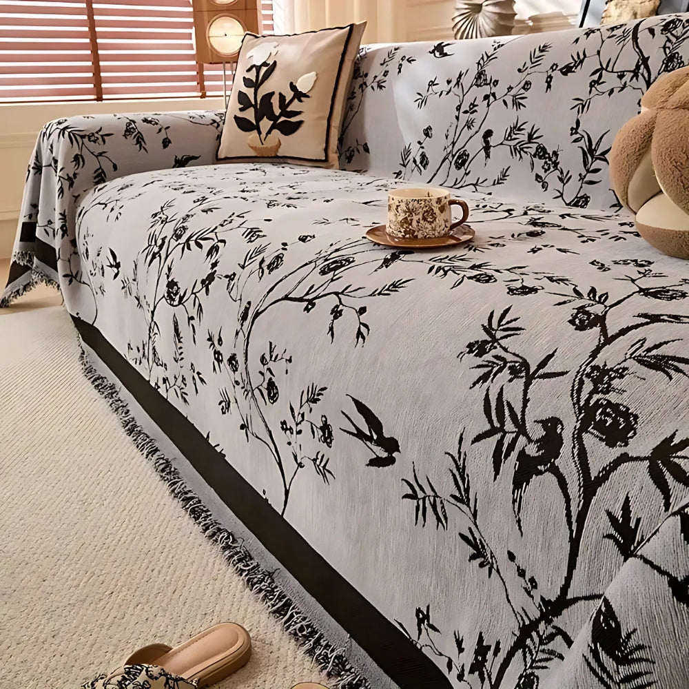 Sofaüberwurf Chenille Blütenmuster mit Quasten
