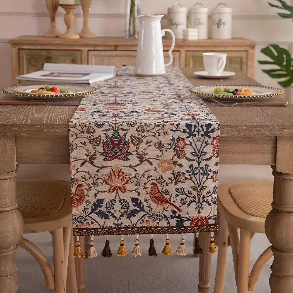 Jacquard-Tischläufer mit Blumen- und Vogelmotiv und Quasten