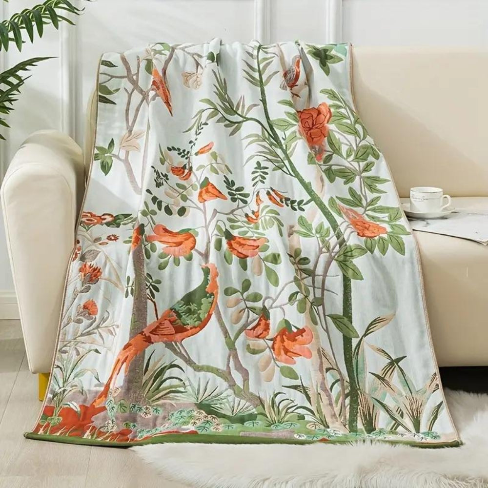 Baumwoll-Badetuch mit Blumen- und Vogelmotiv 90 x 180 cm