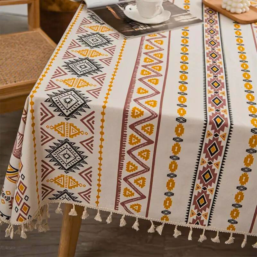 Boho-Tischdecke aus Baumwoll-Leinen-Mischgewebe mit Quasten
