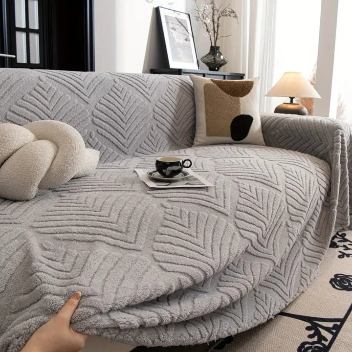 Sofaüberwurf Fleece Fischgrät Blattmotiv