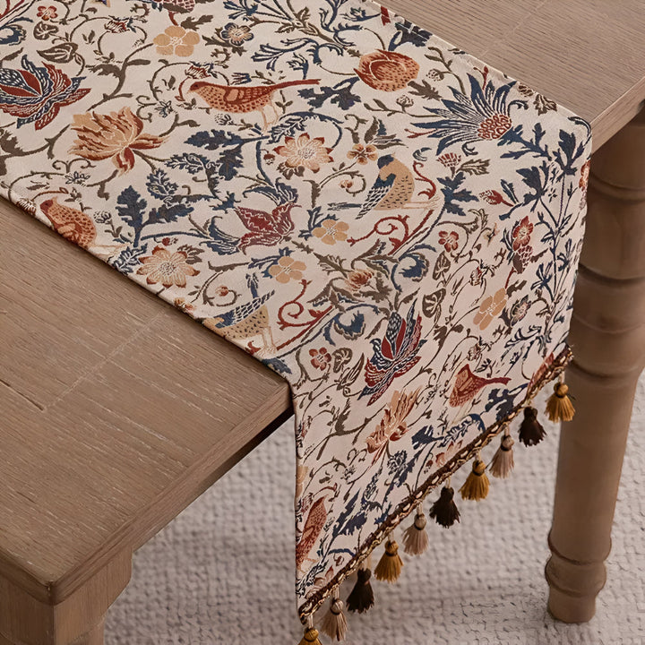 Jacquard-Tischläufer mit Blumen- und Vogelmotiv und Quasten