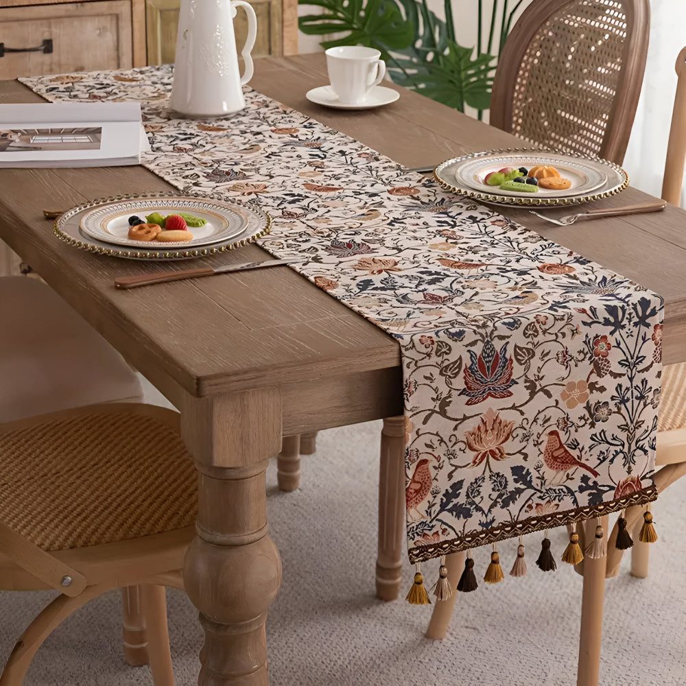 Jacquard-Tischläufer mit Blumen- und Vogelmotiv und Quasten