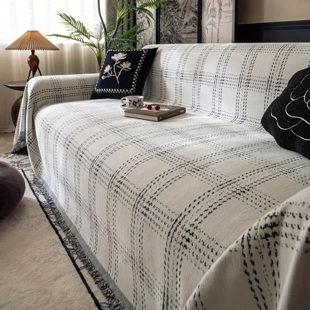 Sofaüberwurf Chenille Karo mit Quasten