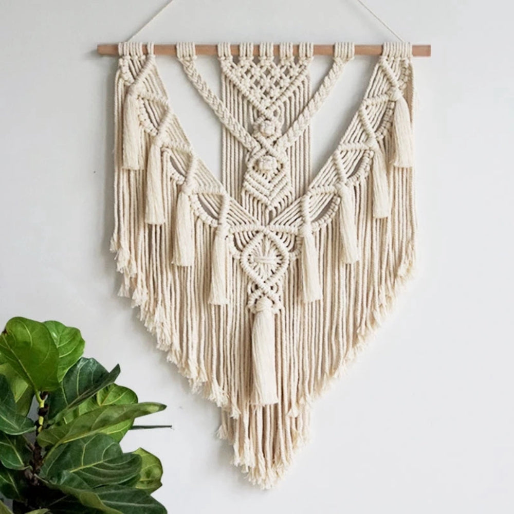 Tenture murale en macramé géométrique blanche