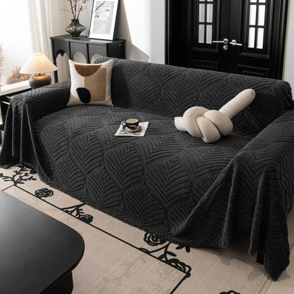 Sofaüberwurf Fleece Fischgrät Blattmotiv