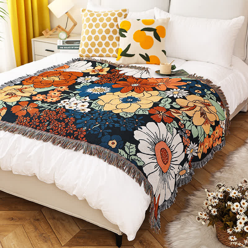 Sofadecke aus Baumwolle mit Blumenmuster und Quasten