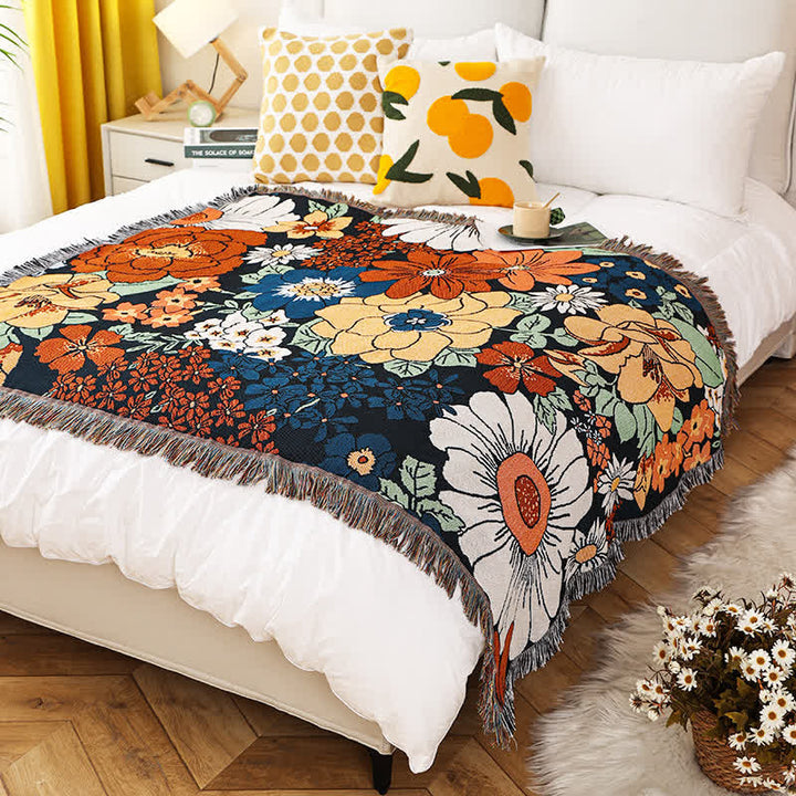 Sofadecke aus Baumwolle mit Blumenmuster und Quasten