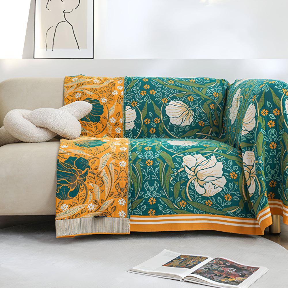 Baumwoll-Musselin-Tagesdecke mit grünen Blumen 200 x 230 cm