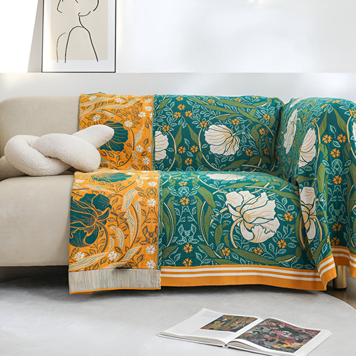 Baumwoll-Musselin-Tagesdecke mit grünen Blumen 200 x 230 cm