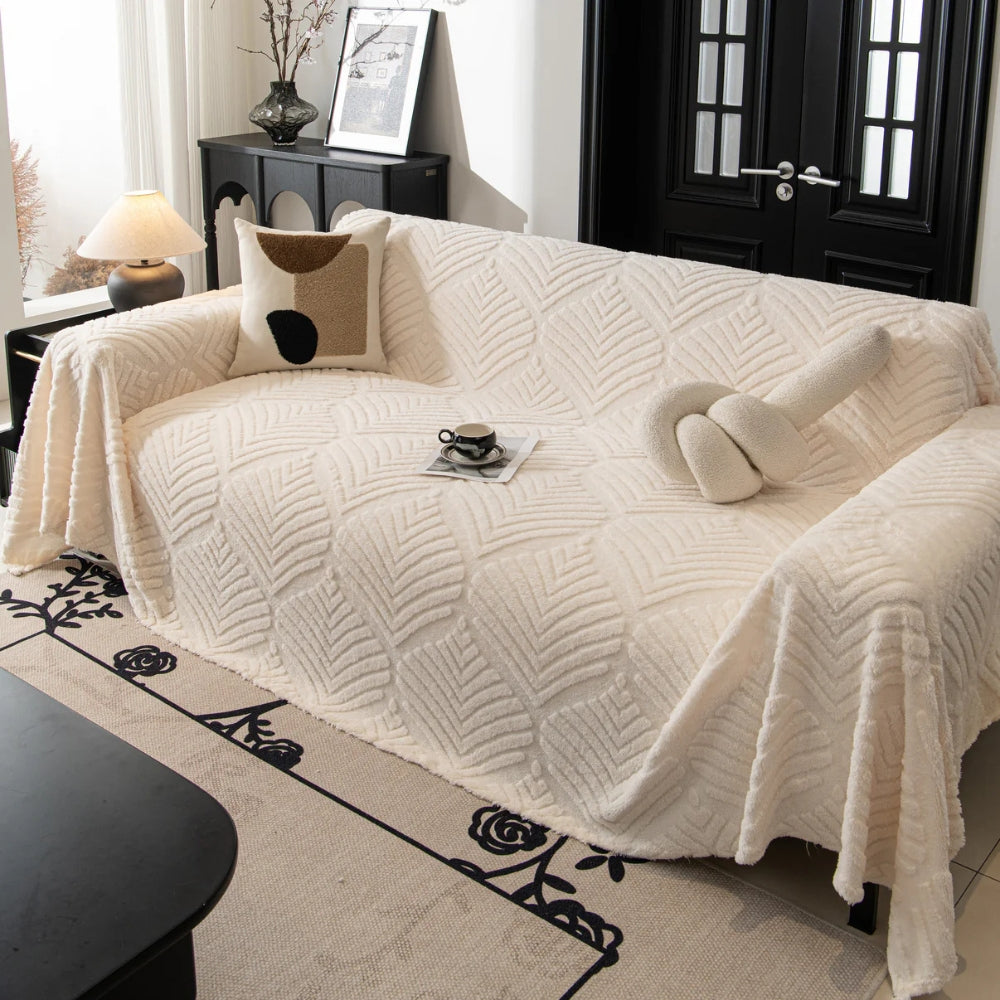 Sofaüberwurf Fleece Fischgrät Blattmotiv