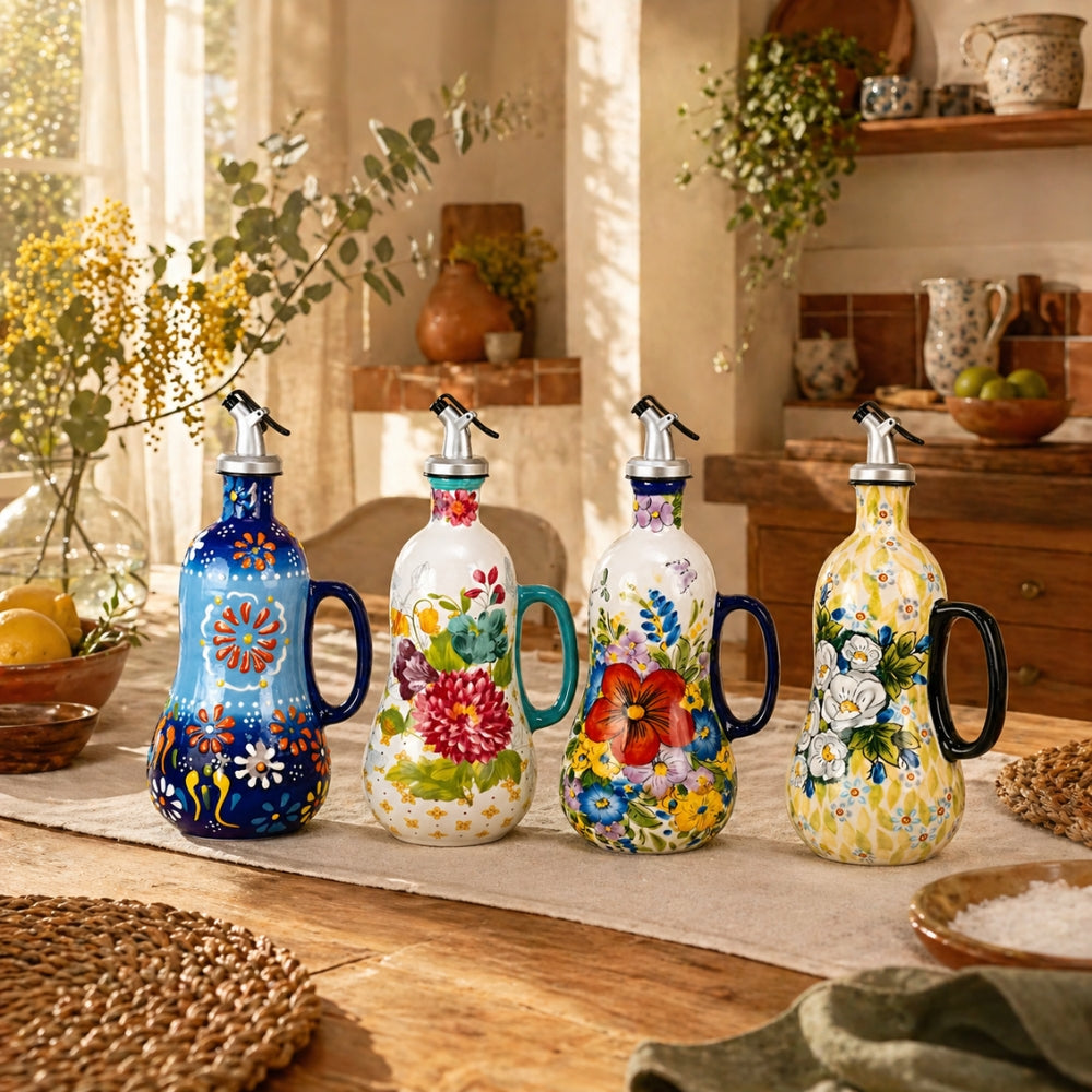 Ölflasche aus Keramik mit floralem Dekor