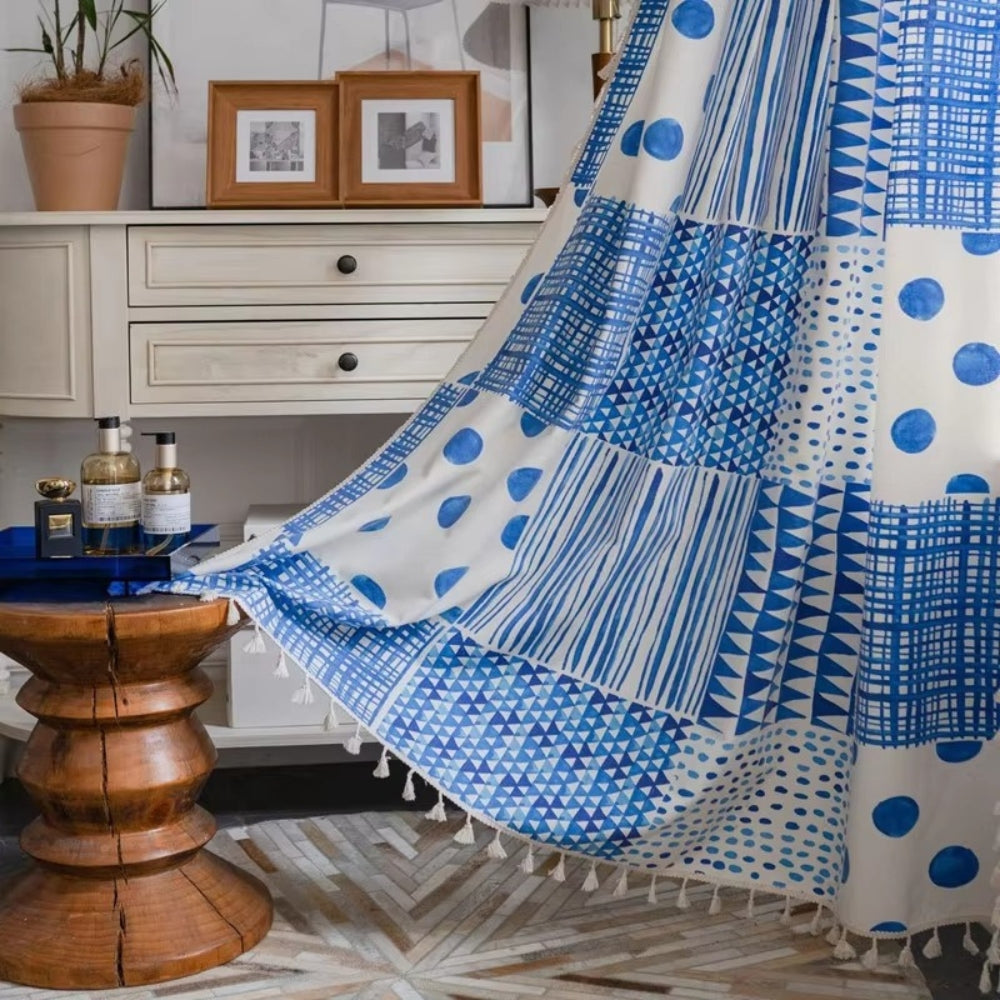 Vorhang Patchwork geometrisch Blau verdunkelnd