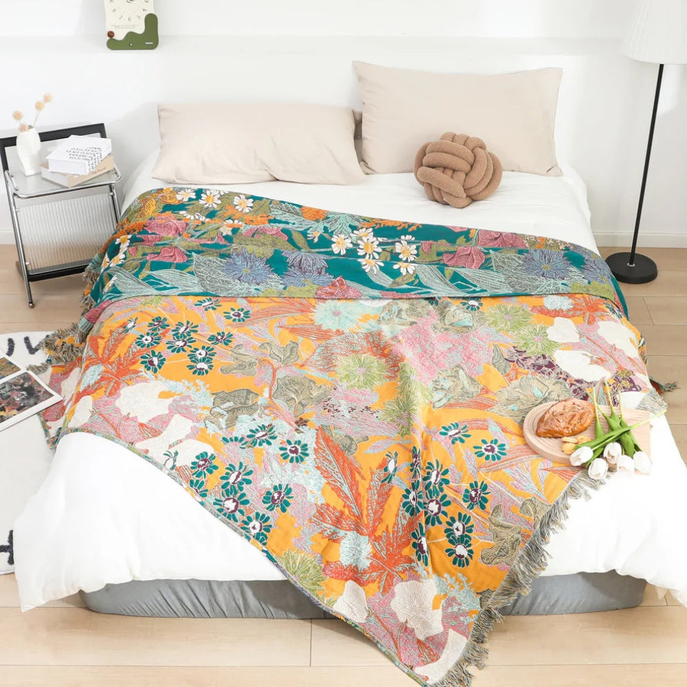 Boho-Tagesdecke aus Baumwolle im Patchworkstil mit Fransen