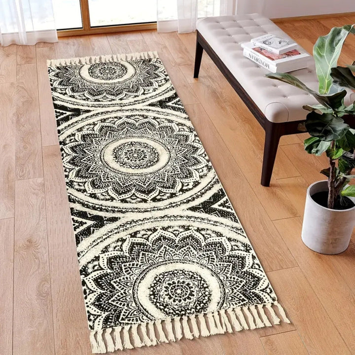 Tapis de couloir bohème noir et crème