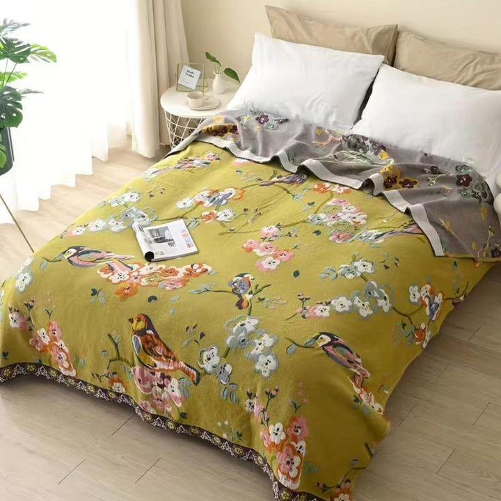 Boho-Tagesdecke aus Baumwolle mit Vögeln und Blumen 200 x 230 cm