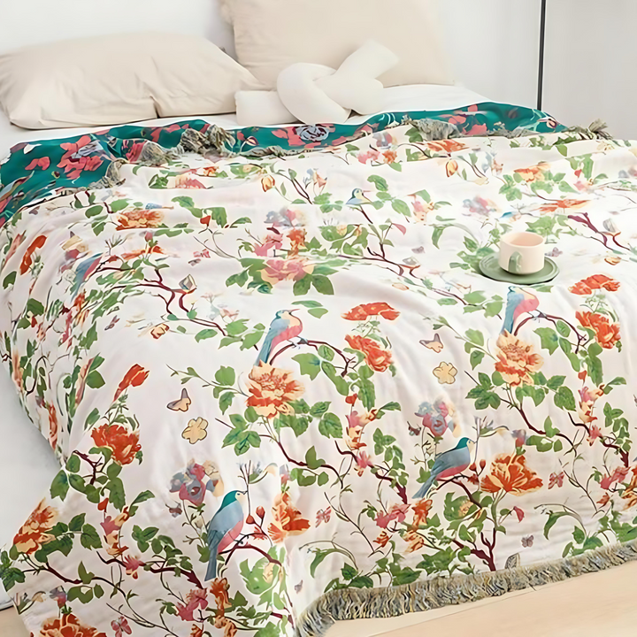 Wendbare Baumwoll-Tagesdecke mit Vögeln und Blumen 200 x 230 cm