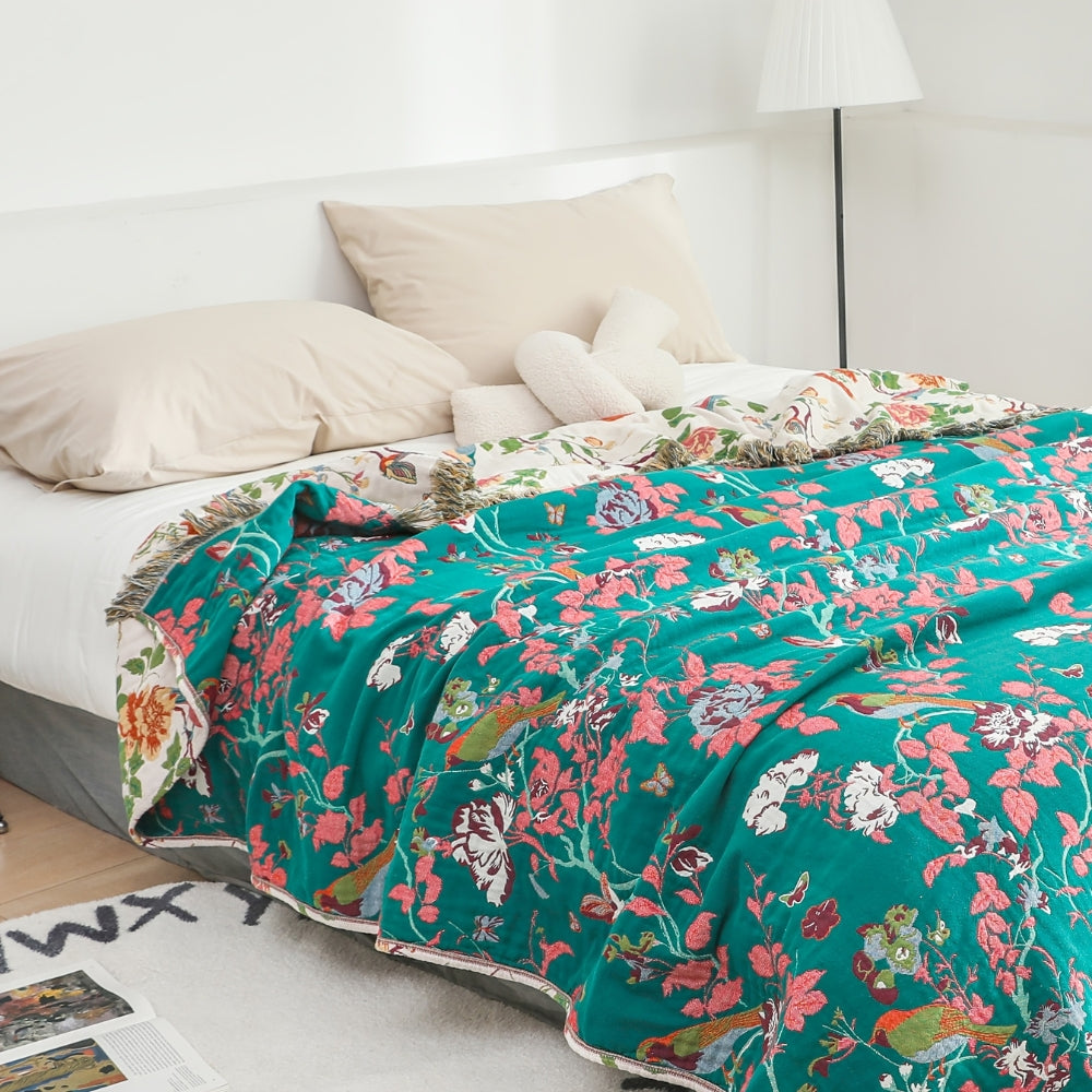 Wendbare Baumwoll-Tagesdecke mit Vögeln und Blumen 200 x 230 cm