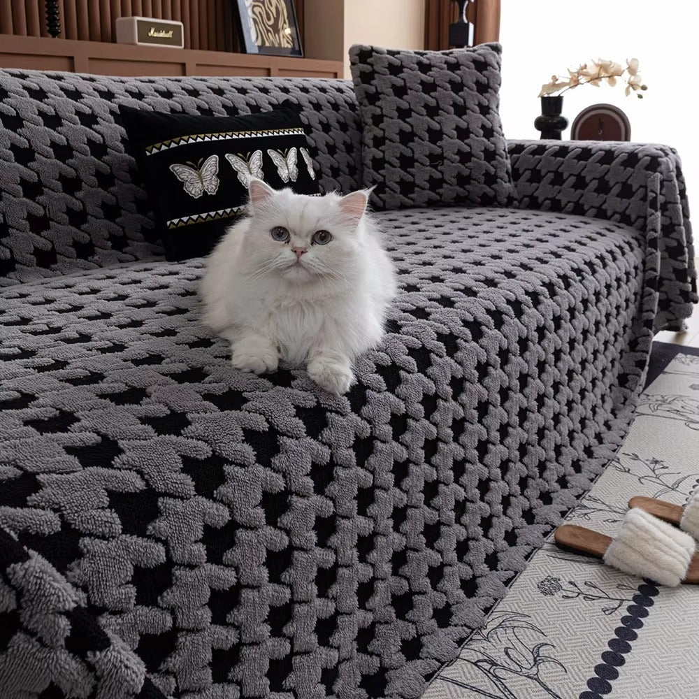 Sofaüberwurf Plüsch Hahnentritt