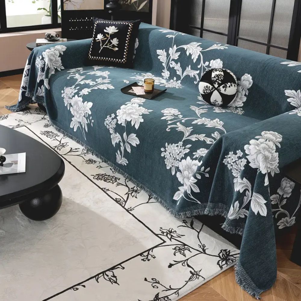 Sofaüberwurf Chenille Blütenjacquard mit Quasten