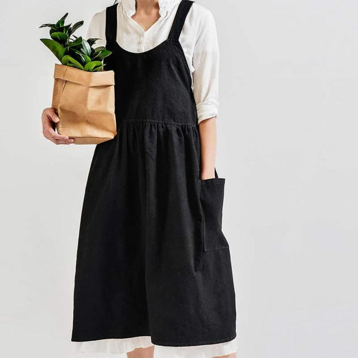 Schürze mit gekreuzten Trägern und Taschen