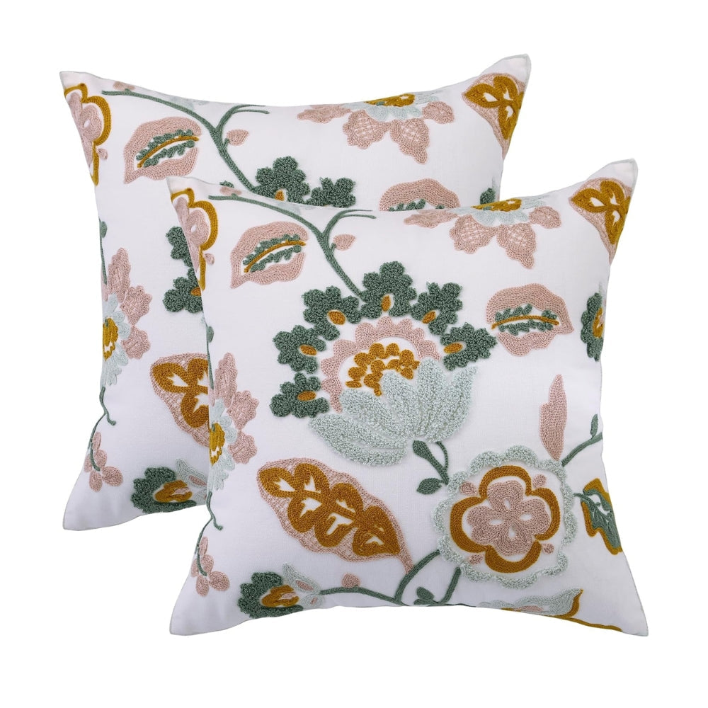 Housse de coussin brodée fleurs 45 x 45 cm