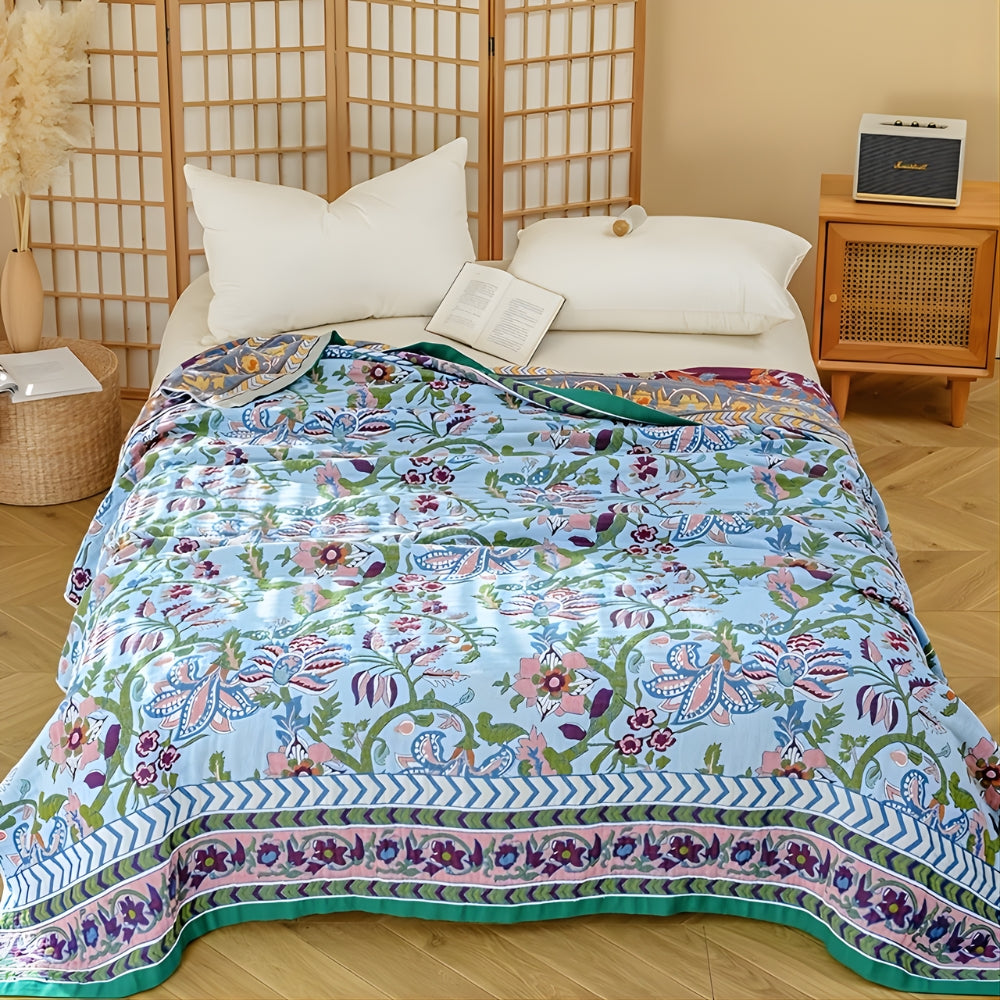 Wendbare Tagesdecke aus Baumwolle mit blau-weißem Blumen-Jacquard