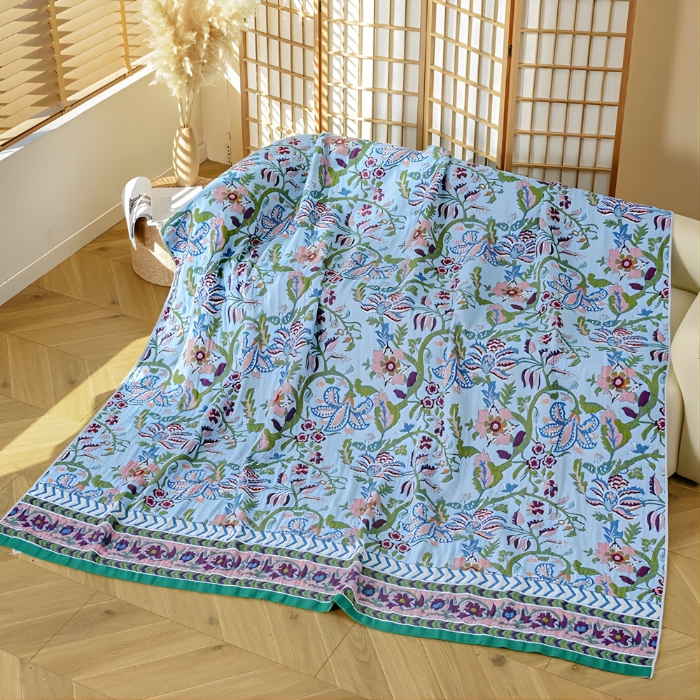 Wendbare Tagesdecke aus Baumwolle mit blau-weißem Blumen-Jacquard
