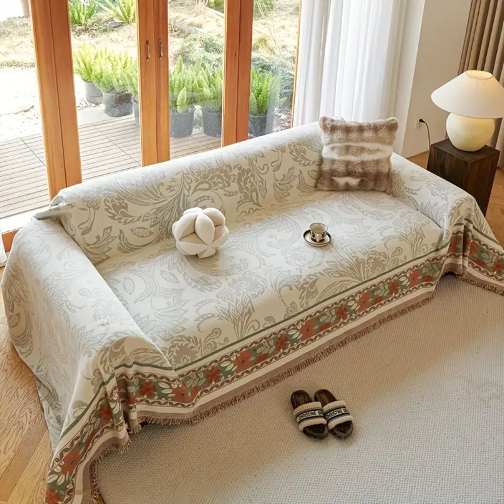 Sofaüberwurf Chenille Blüten mit Quasten