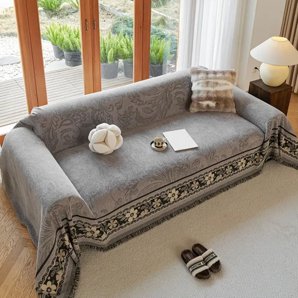 Sofaüberwurf Chenille Blüten mit Quasten