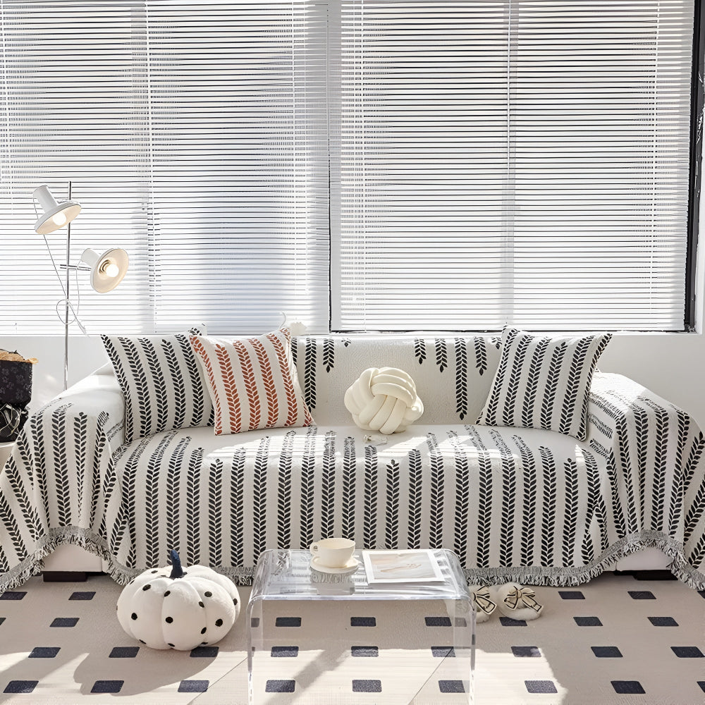 Sofaüberwurf Blattmotiv mit Fransenkante