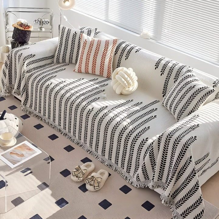 Sofaüberwurf Blattmotiv mit Fransenkante